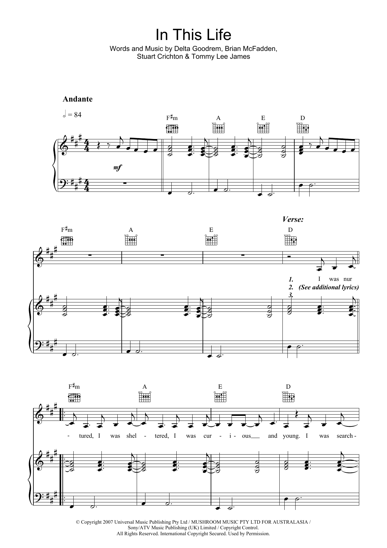 Delta Goodrem In This Life sheet music notes and chords arranged for Piano, Vocal & Guitar Chords