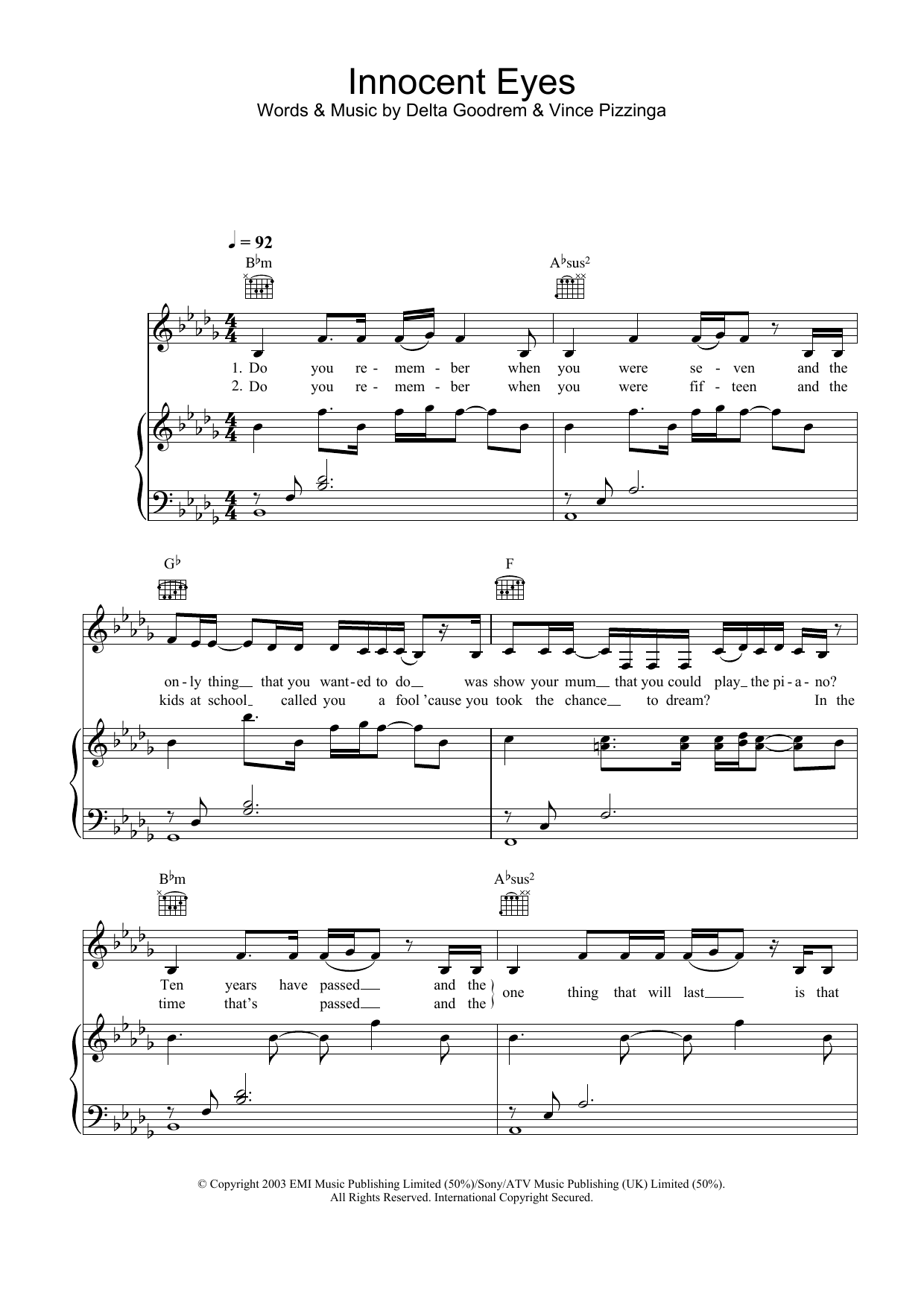 Delta Goodrem Innocent Eyes sheet music notes and chords arranged for Piano, Vocal & Guitar Chords