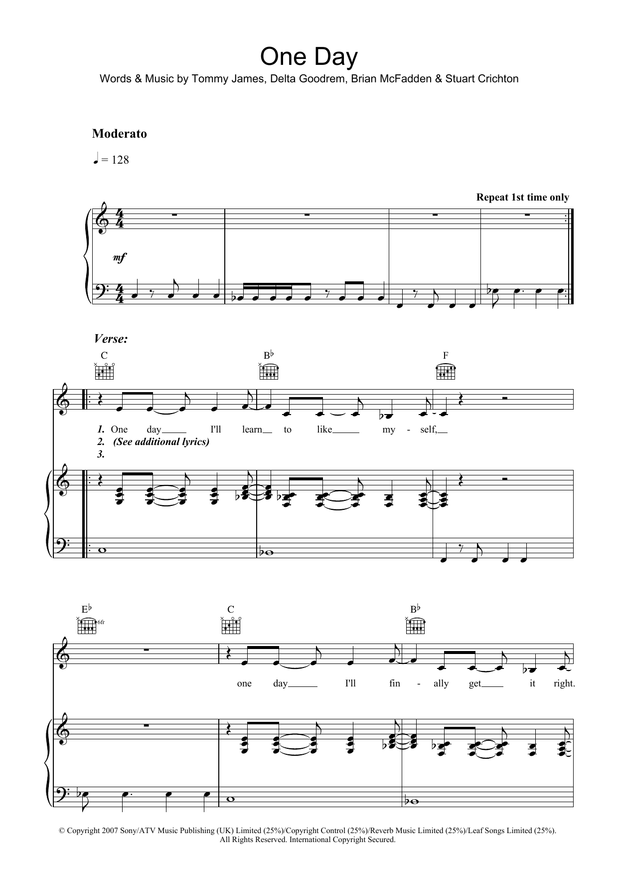 Delta Goodrem One Day sheet music notes and chords arranged for Piano, Vocal & Guitar Chords