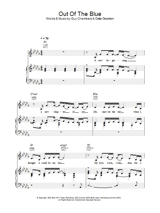 Delta Goodrem Out Of The Blue sheet music notes and chords arranged for Piano, Vocal & Guitar Chords