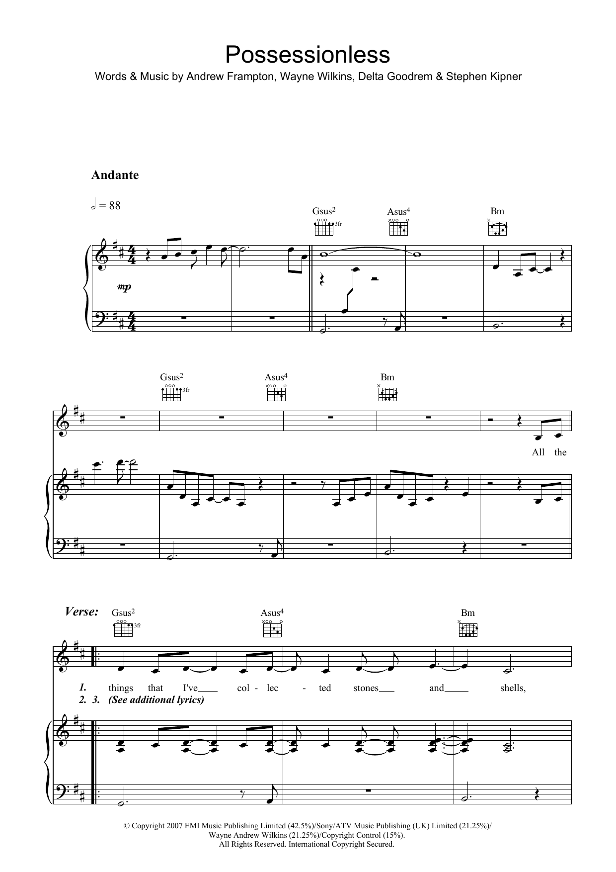 Delta Goodrem Possessionless sheet music notes and chords arranged for Piano, Vocal & Guitar Chords