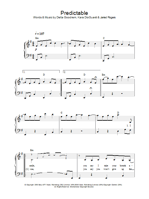 Delta Goodrem Predictable sheet music notes and chords arranged for Piano, Vocal & Guitar Chords