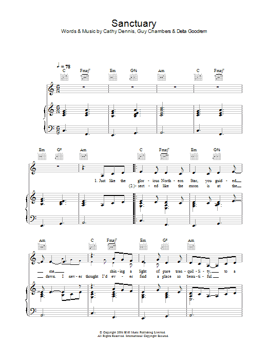 Delta Goodrem Sanctuary sheet music notes and chords arranged for Piano, Vocal & Guitar Chords