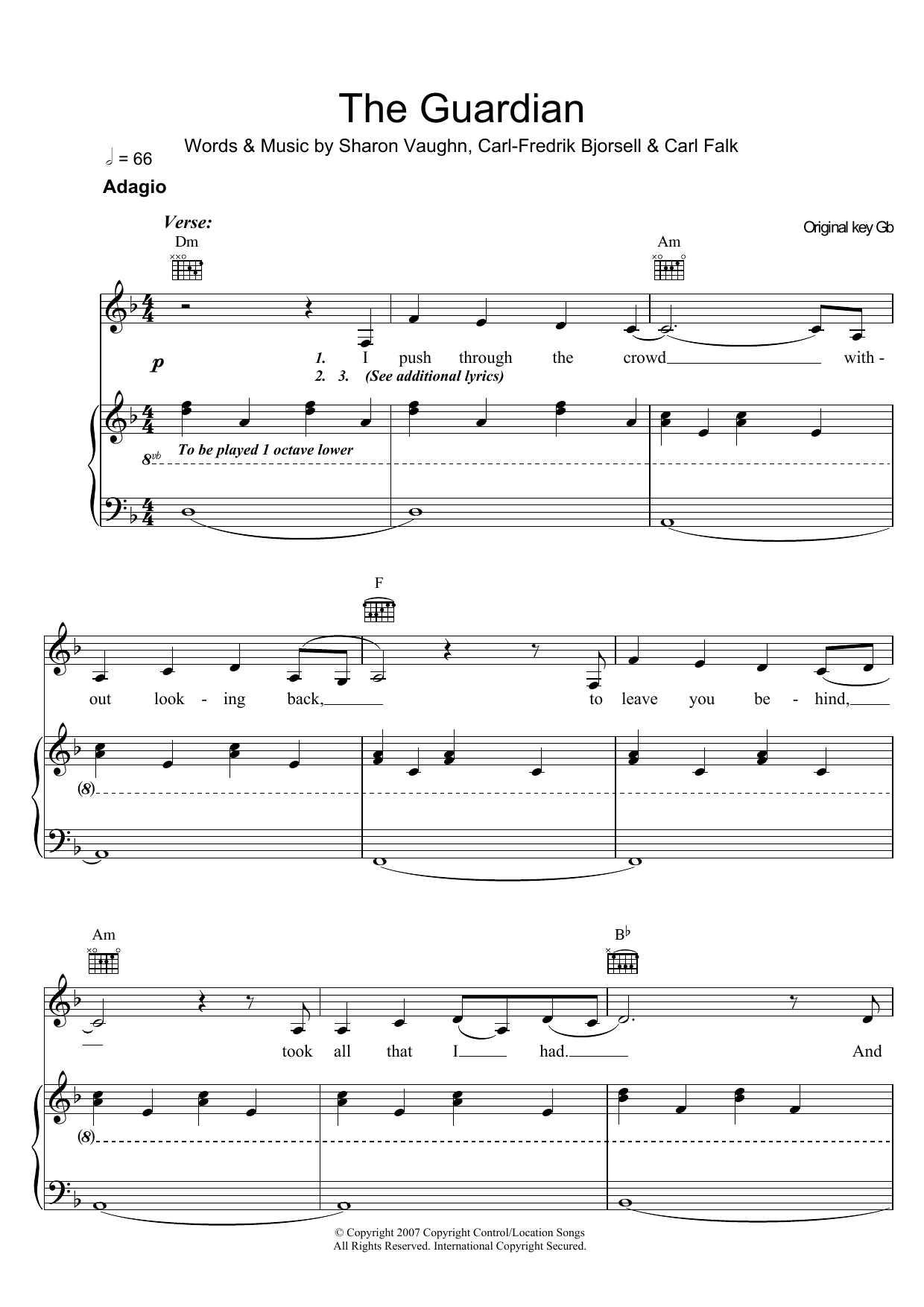 Delta Goodrem The Guardian sheet music notes and chords arranged for Piano, Vocal & Guitar Chords