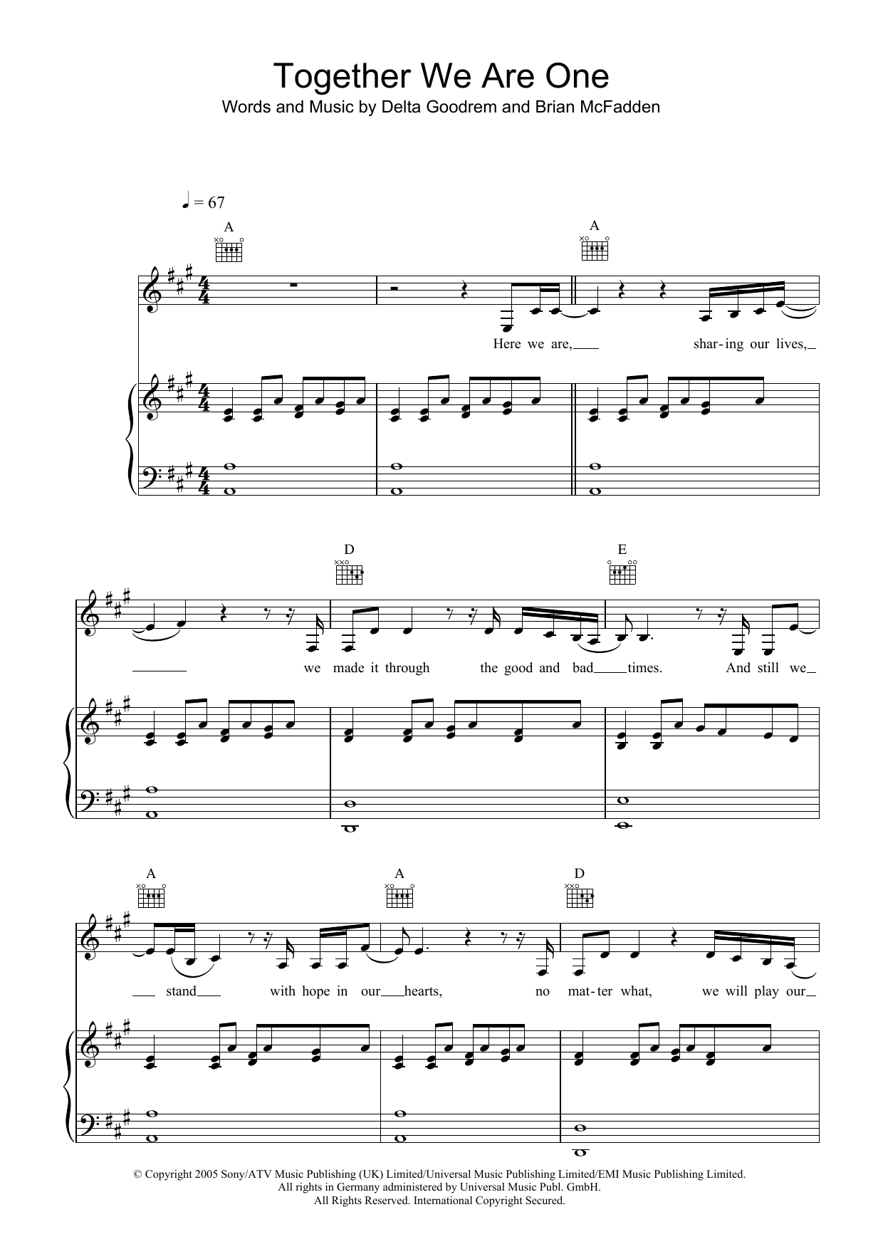 Delta Goodrem Together We Are One sheet music notes and chords arranged for Piano, Vocal & Guitar Chords