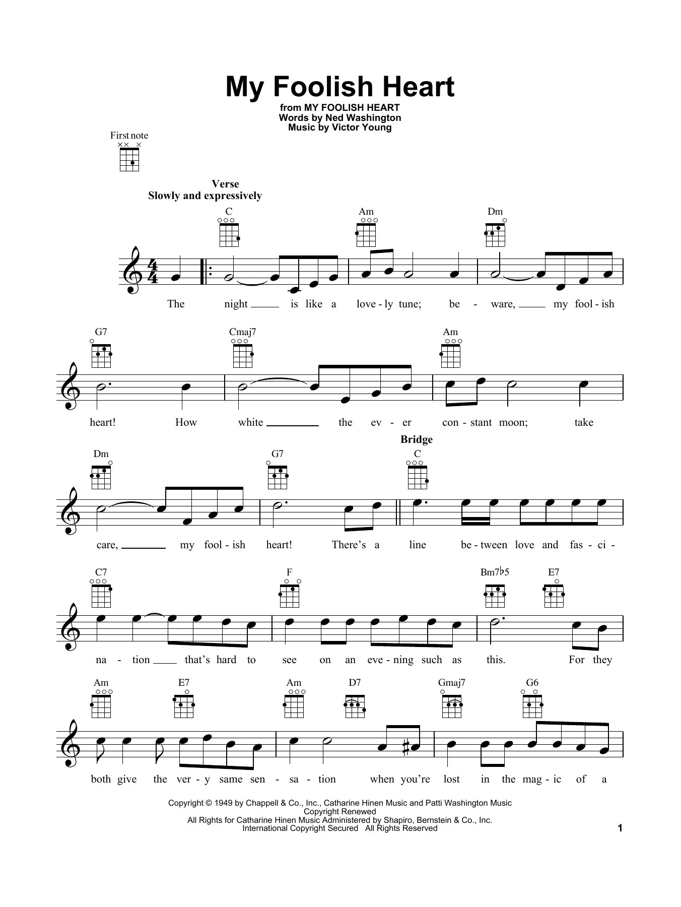 Demensions My Foolish Heart sheet music notes and chords arranged for Ukulele