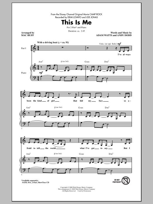 Demi Lovato & Joe Jonas This Is Me (from Camp Rock) (arr. Mac Huff) sheet music notes and chords arranged for 2-Part Choir