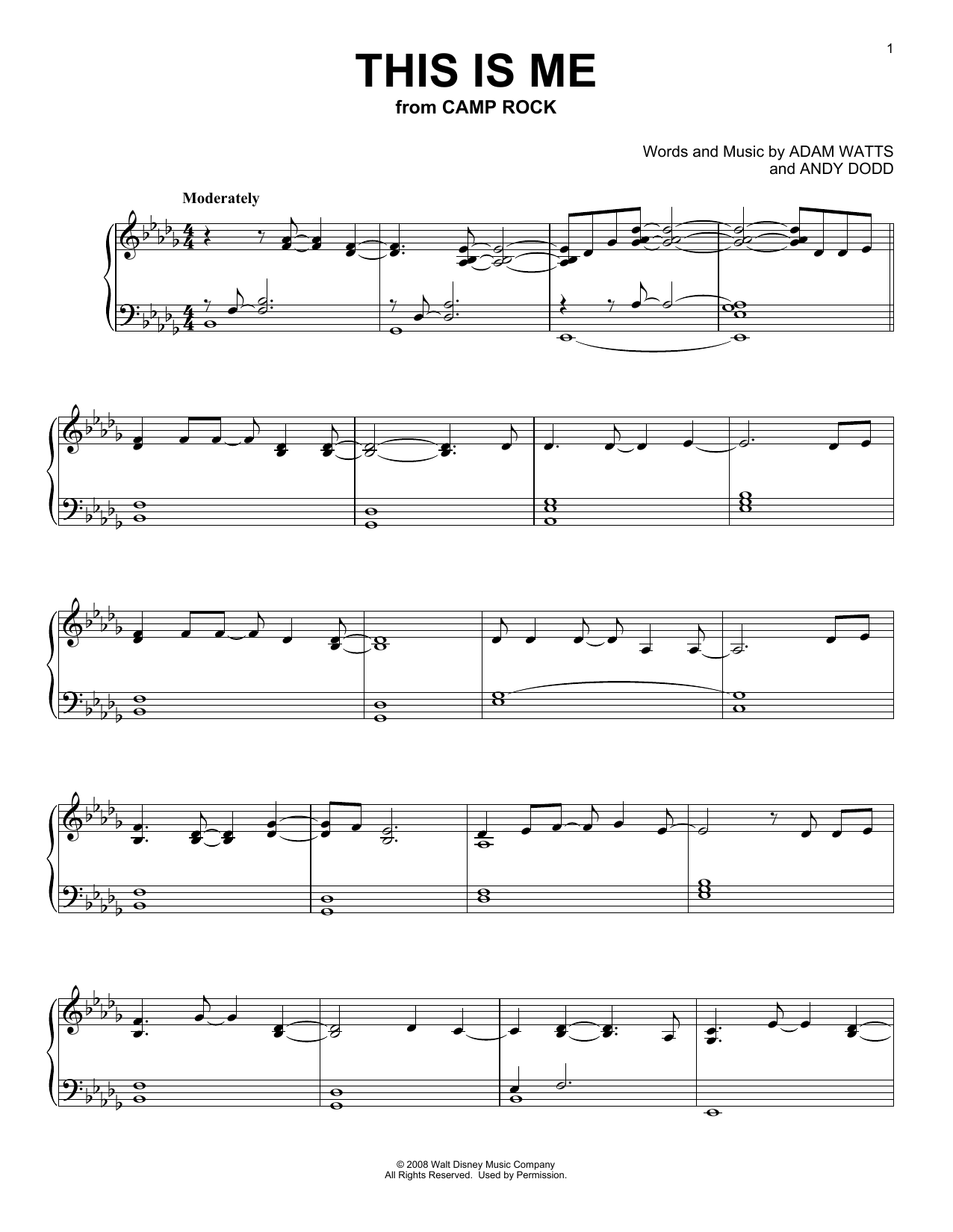 Demi Lovato & Joe Jonas This Is Me (from Camp Rock) sheet music notes and chords arranged for Piano Solo