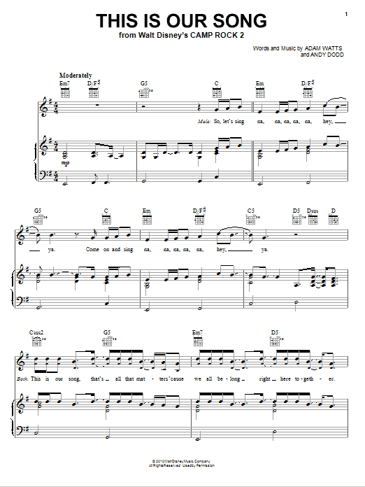 Demi Lovato & Joe Jonas This Is Our Song (from Camp Rock 2) sheet music notes and chords arranged for Piano, Vocal & Guitar Chords (Right-Hand Melody)