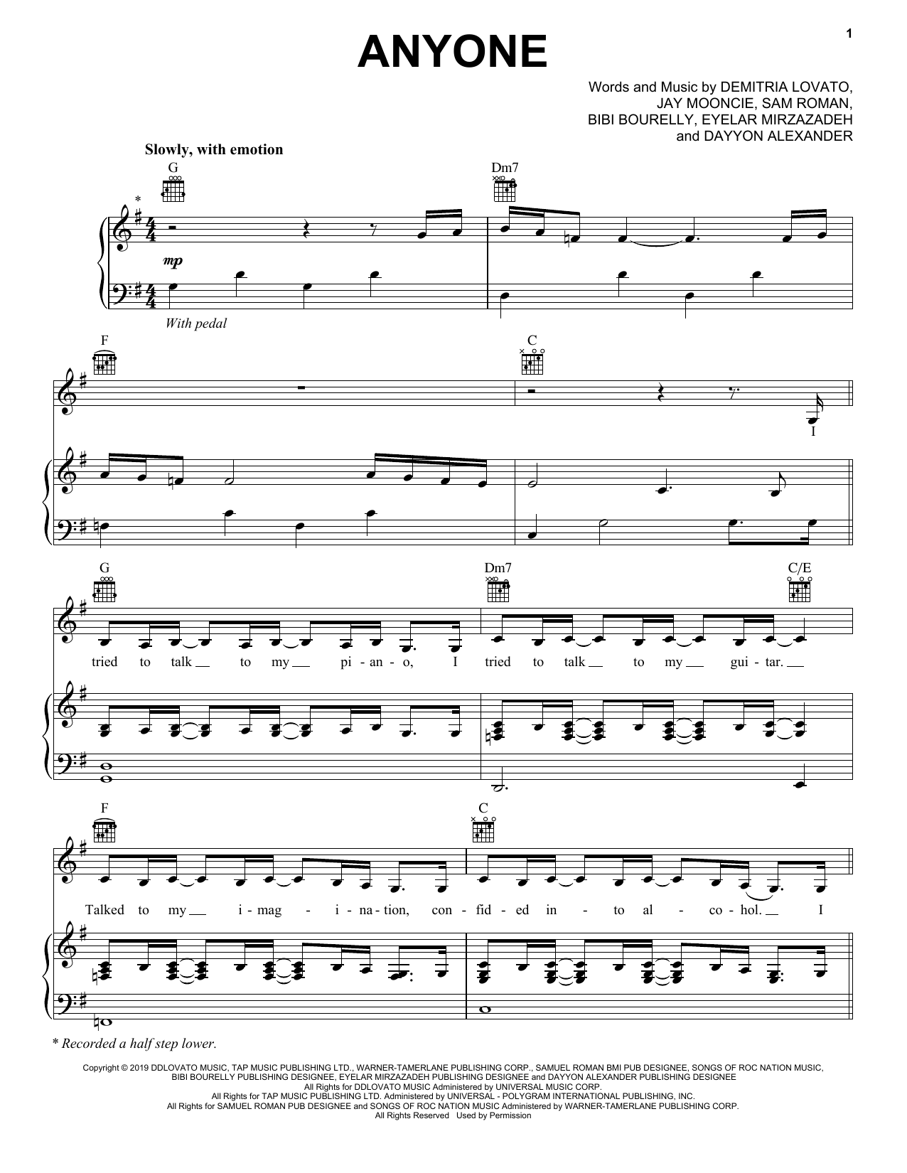 Demi Lovato Anyone sheet music notes and chords arranged for Piano, Vocal & Guitar Chords (Right-Hand Melody)