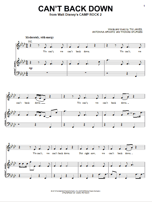 Demi Lovato Can't Back Down (from Camp Rock 2) sheet music notes and chords arranged for Piano, Vocal & Guitar Chords (Right-Hand Melody)