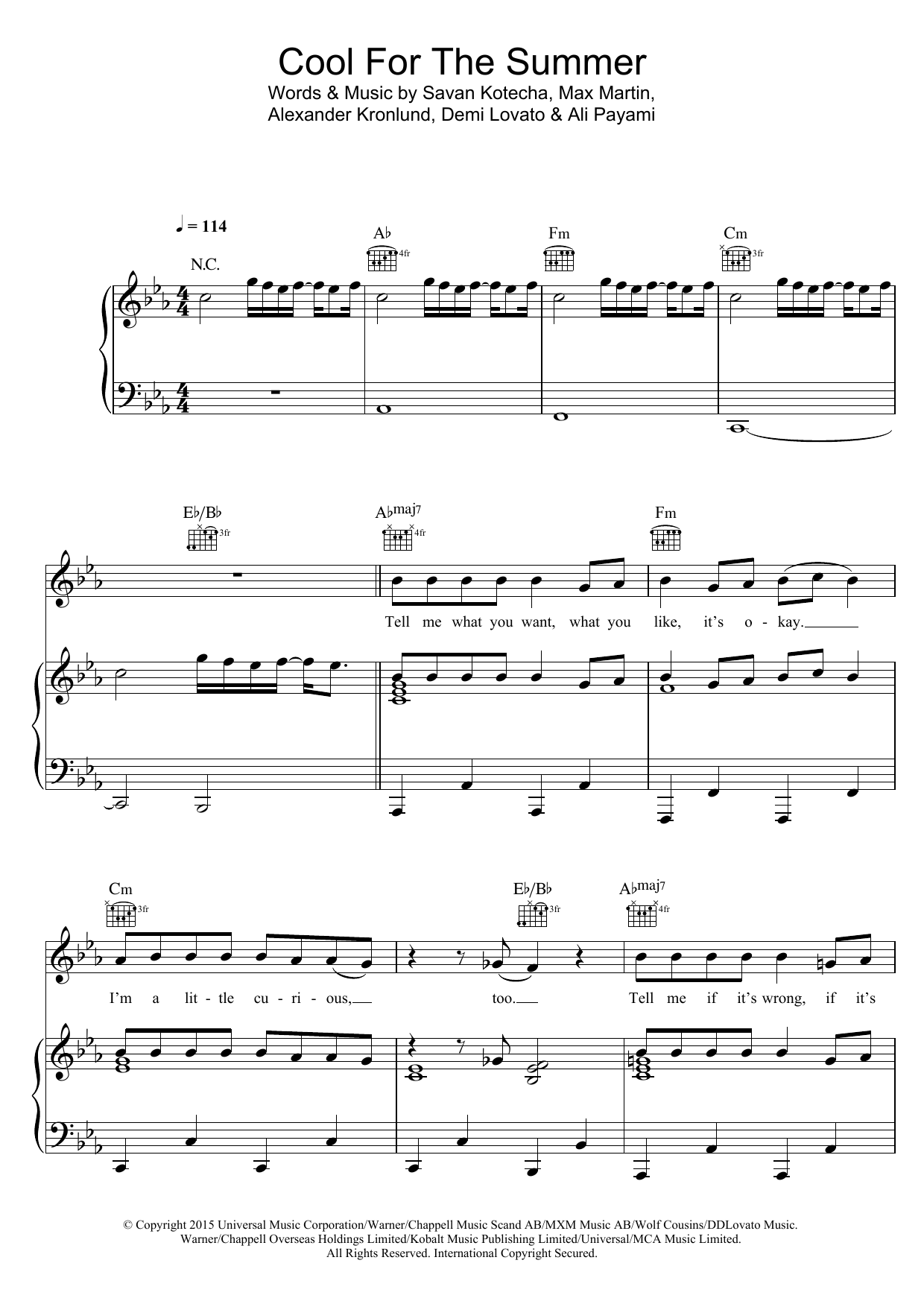 Demi Lovato Cool For The Summer sheet music notes and chords arranged for Piano, Vocal & Guitar Chords