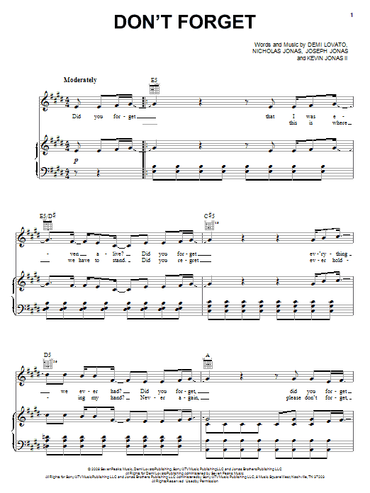 Demi Lovato Don't Forget sheet music notes and chords arranged for Piano, Vocal & Guitar Chords (Right-Hand Melody)