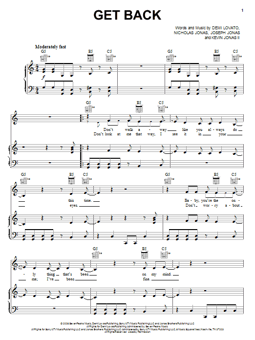 Demi Lovato Get Back sheet music notes and chords arranged for Piano, Vocal & Guitar Chords (Right-Hand Melody)