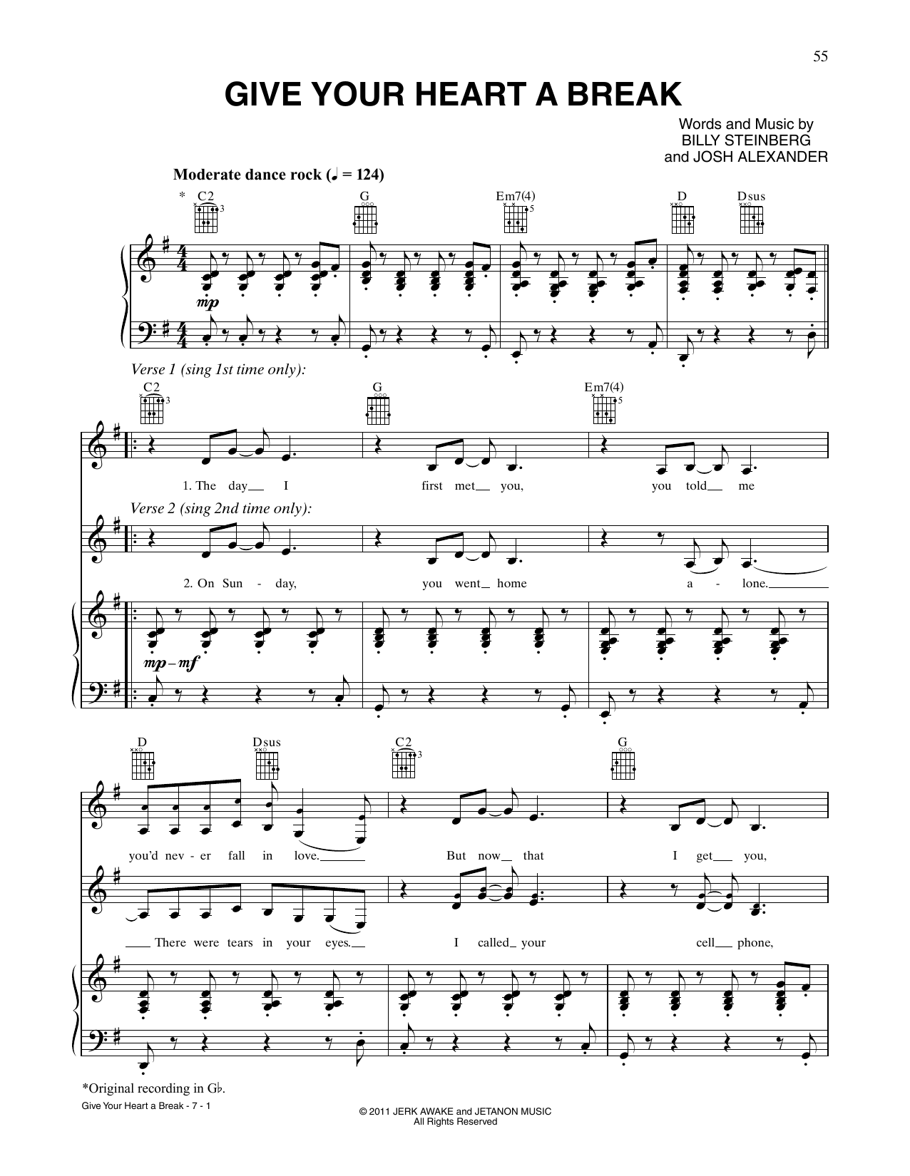 Demi Lovato Give Your Heart A Break sheet music notes and chords arranged for Piano, Vocal & Guitar Chords (Right-Hand Melody)