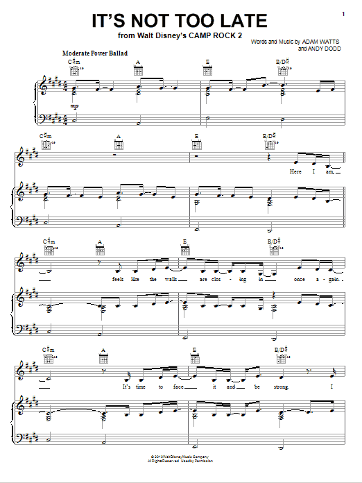 Demi Lovato It's Not Too Late (from Camp Rock 2) sheet music notes and chords arranged for Piano, Vocal & Guitar Chords (Right-Hand Melody)