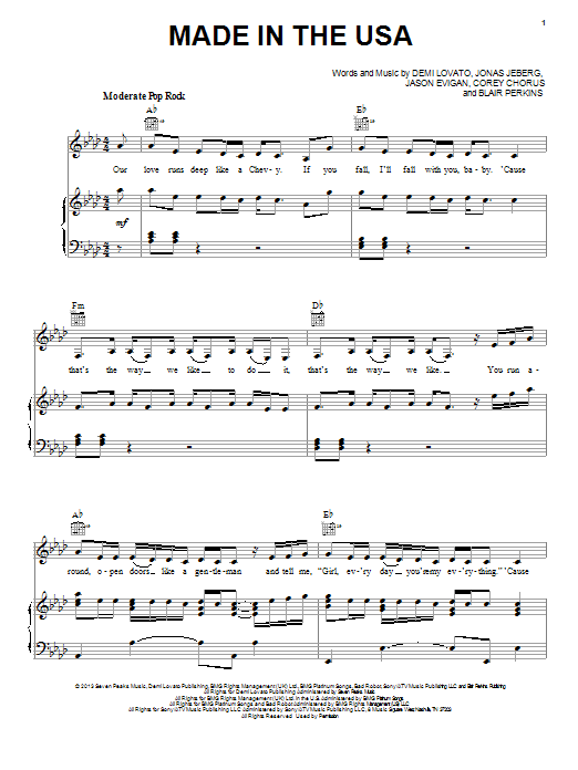 Demi Lovato Made In The USA sheet music notes and chords arranged for Piano, Vocal & Guitar Chords (Right-Hand Melody)