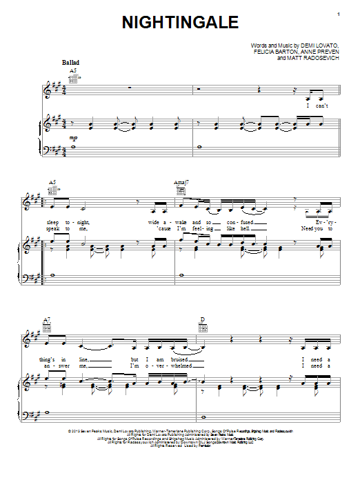 Demi Lovato Nightingale sheet music notes and chords arranged for Piano, Vocal & Guitar Chords (Right-Hand Melody)