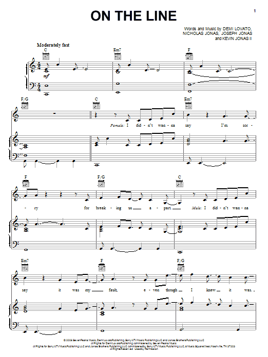 Demi Lovato On The Line sheet music notes and chords arranged for Piano, Vocal & Guitar Chords (Right-Hand Melody)