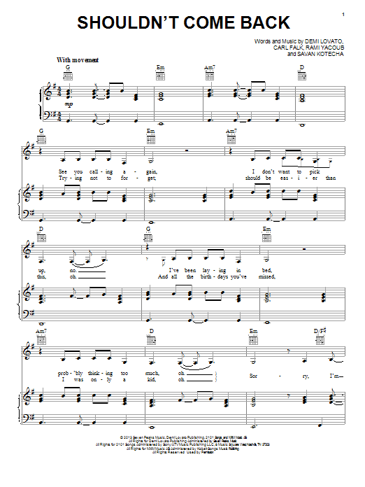 Demi Lovato Shouldn't Come Back sheet music notes and chords arranged for Piano, Vocal & Guitar Chords (Right-Hand Melody)