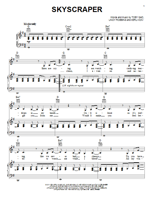 Demi Lovato Skyscraper sheet music notes and chords arranged for Piano, Vocal & Guitar Chords (Right-Hand Melody)