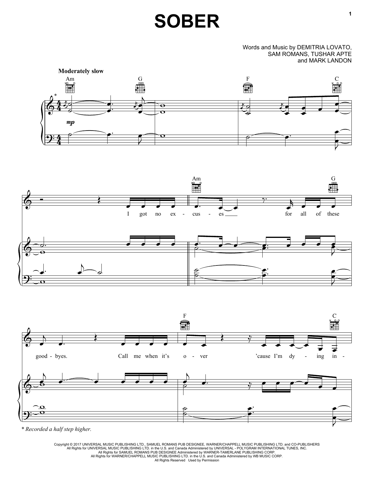 Demi Lovato Sober sheet music notes and chords arranged for Piano, Vocal & Guitar Chords (Right-Hand Melody)