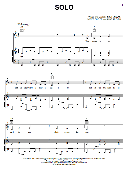 Demi Lovato Solo sheet music notes and chords arranged for Piano, Vocal & Guitar Chords (Right-Hand Melody)