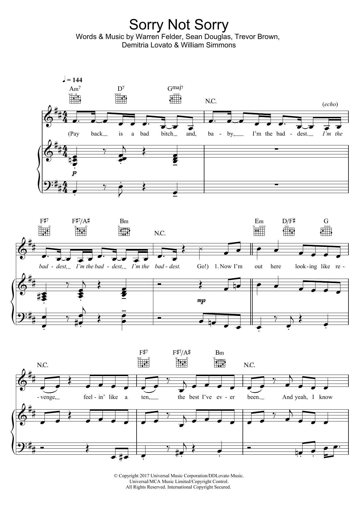 Demi Lovato Sorry Not Sorry sheet music notes and chords arranged for Piano, Vocal & Guitar Chords (Right-Hand Melody)