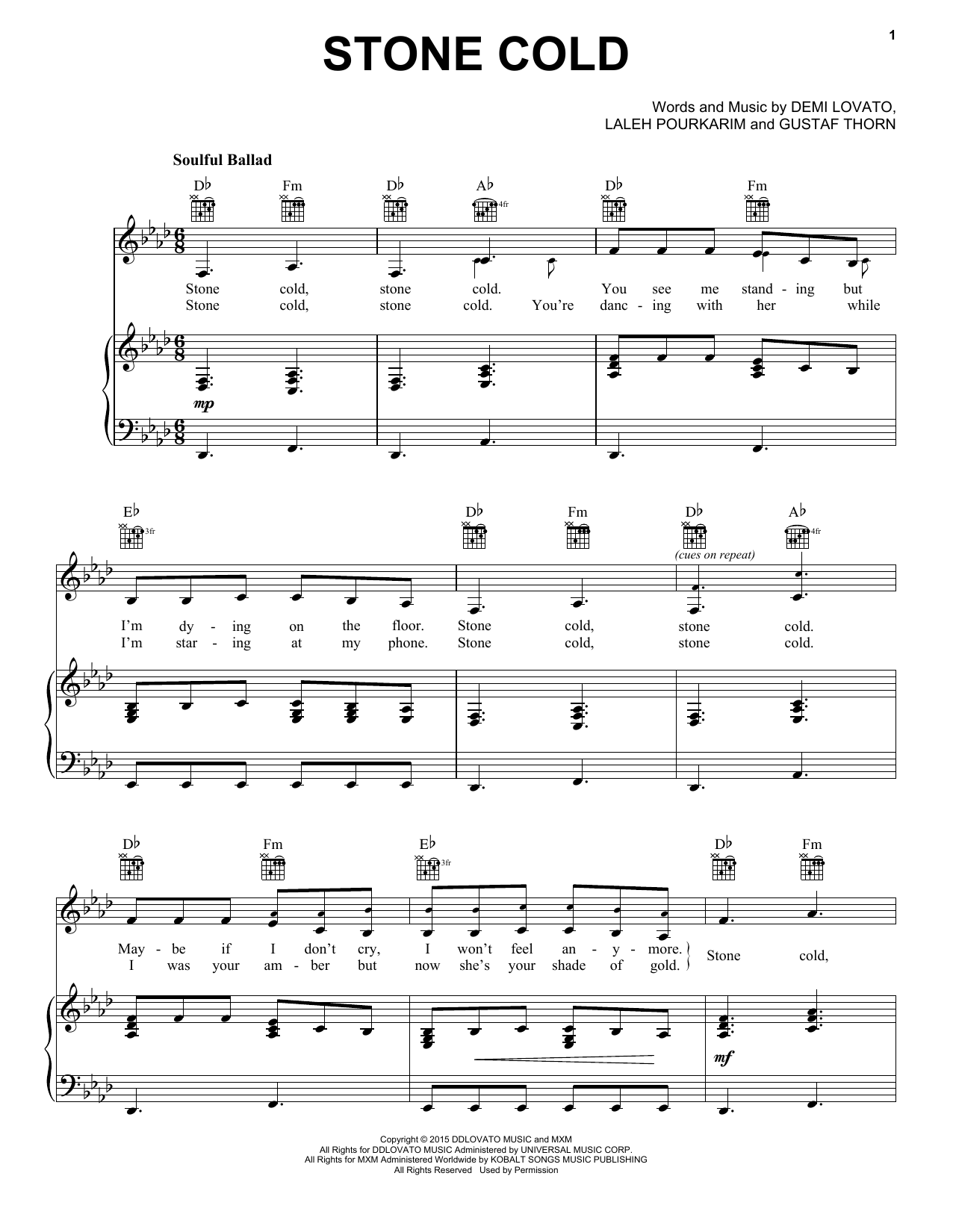 Demi Lovato Stone Cold sheet music notes and chords arranged for Piano, Vocal & Guitar Chords (Right-Hand Melody)