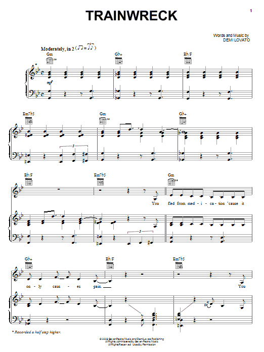 Demi Lovato Trainwreck sheet music notes and chords arranged for Piano, Vocal & Guitar Chords (Right-Hand Melody)