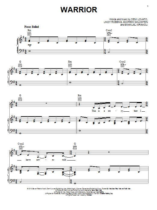 Demi Lovato Warrior sheet music notes and chords arranged for Piano, Vocal & Guitar Chords (Right-Hand Melody)