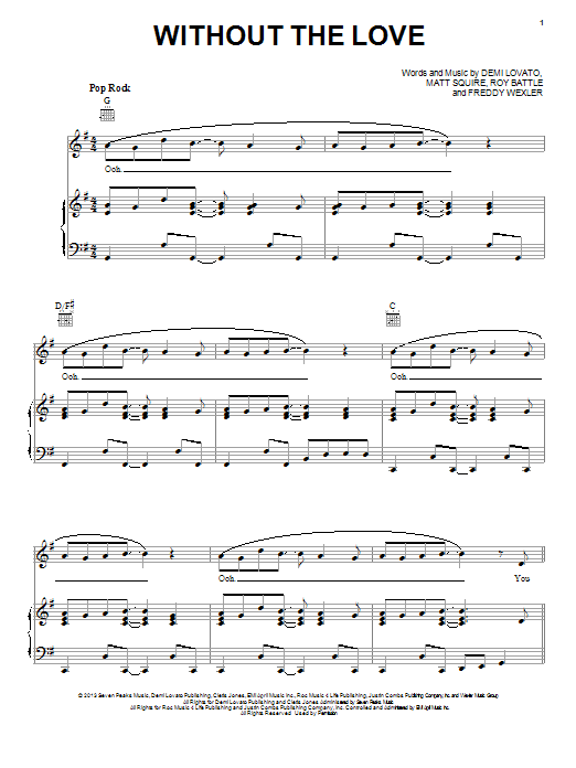 Demi Lovato Without The Love sheet music notes and chords arranged for Piano, Vocal & Guitar Chords (Right-Hand Melody)
