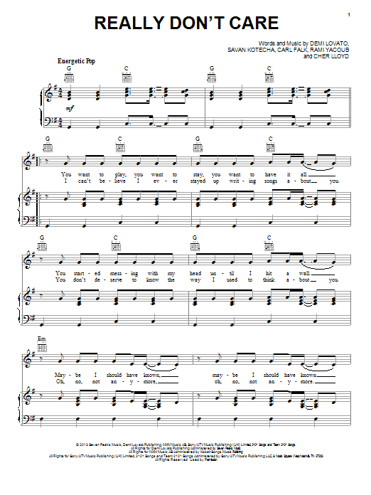 Demi Lovato Really Don't Care sheet music notes and chords arranged for Piano, Vocal & Guitar Chords (Right-Hand Melody)