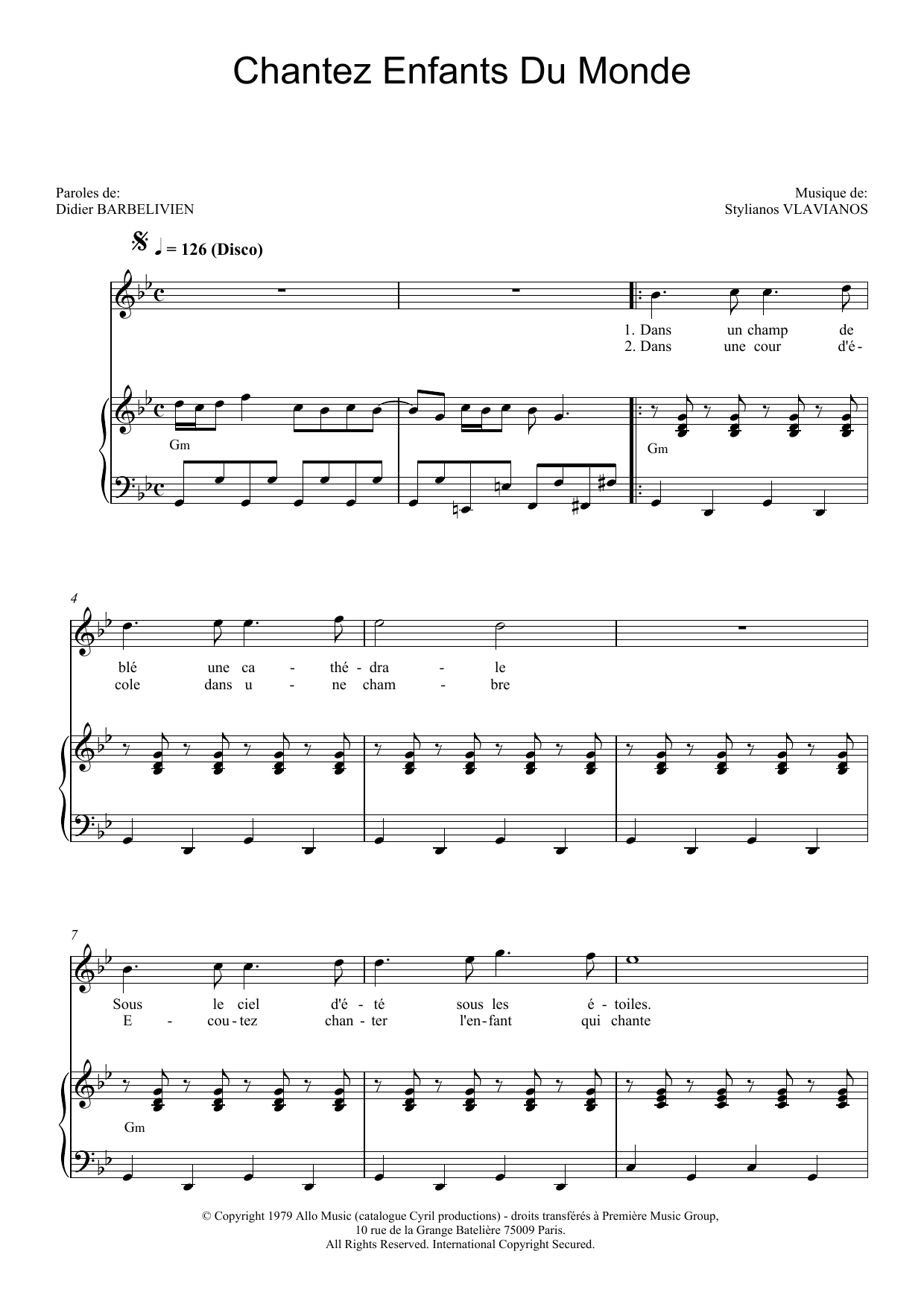 Demis Roussos Chantez Enfants Du Monde sheet music notes and chords arranged for Piano & Vocal