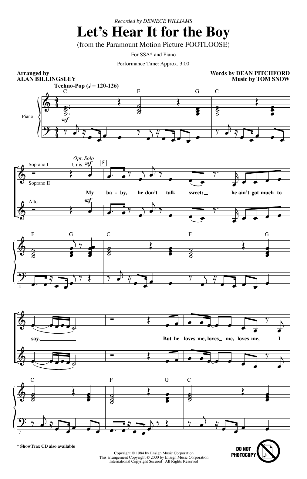 Deniece Williams Let's Hear It For The Boy (from Footloose) (arr. Alan Billingsley) sheet music notes and chords arranged for SSA Choir