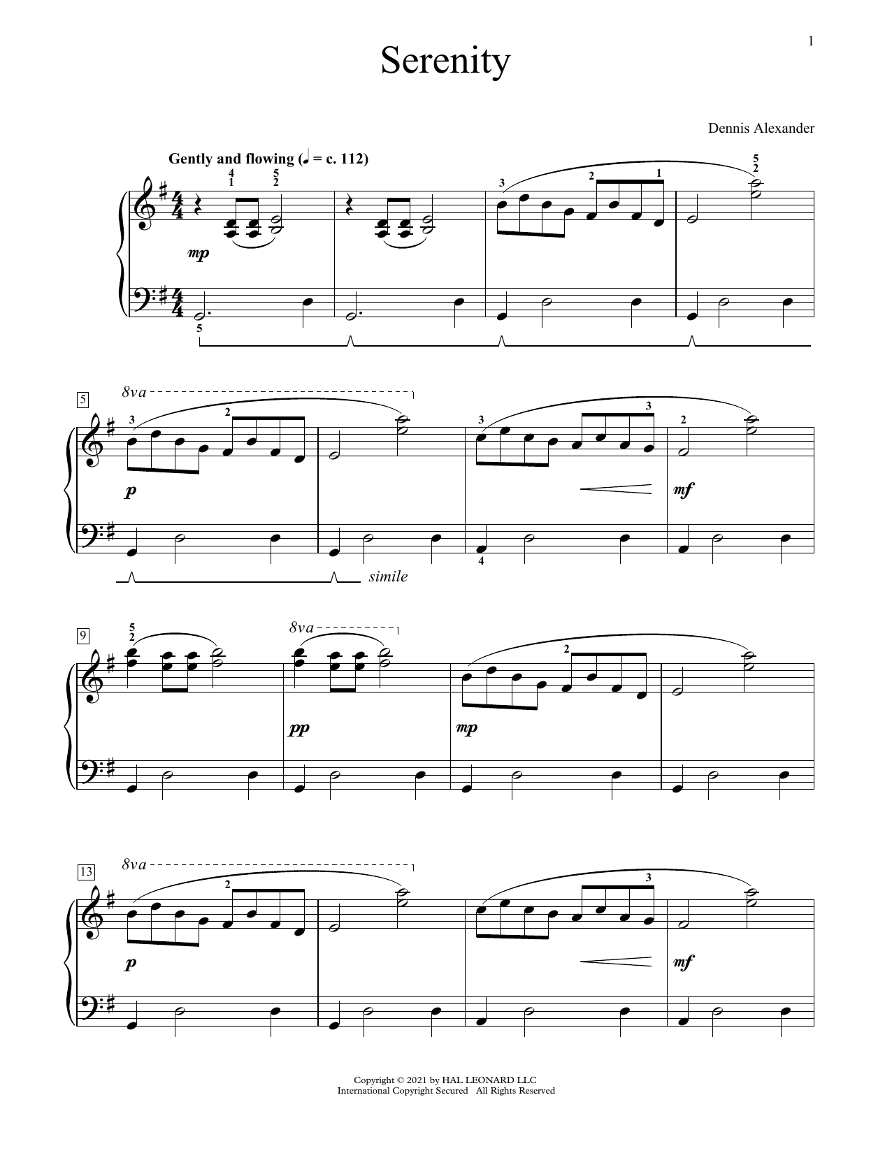 Dennis Alexander Serenity sheet music notes and chords arranged for Educational Piano