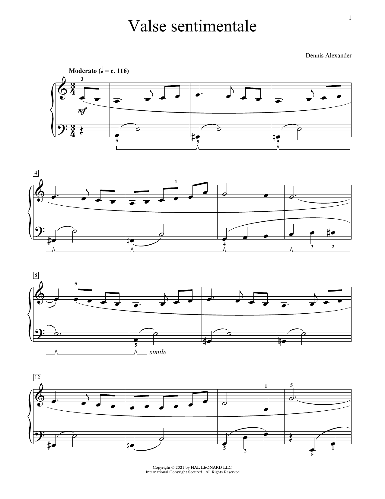 Dennis Alexander Valse Sentimentale sheet music notes and chords arranged for Educational Piano