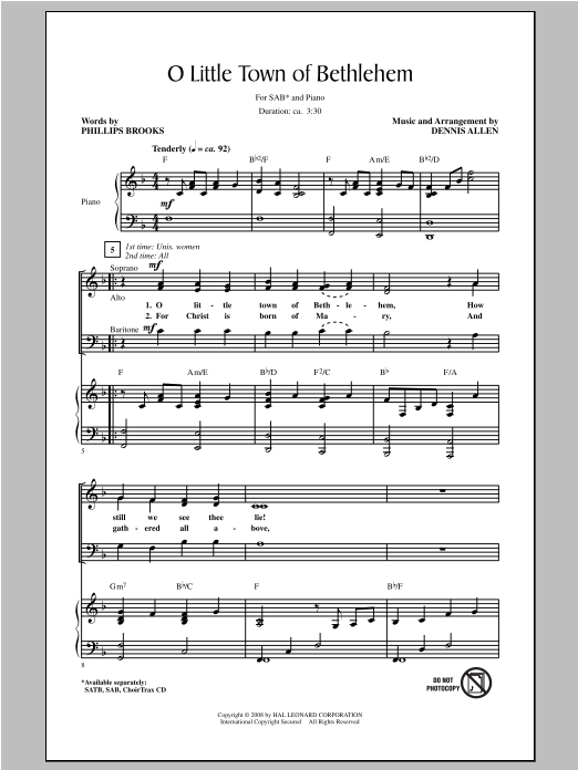 Dennis Allen O Little Town of Bethlehem sheet music notes and chords arranged for SAB Choir