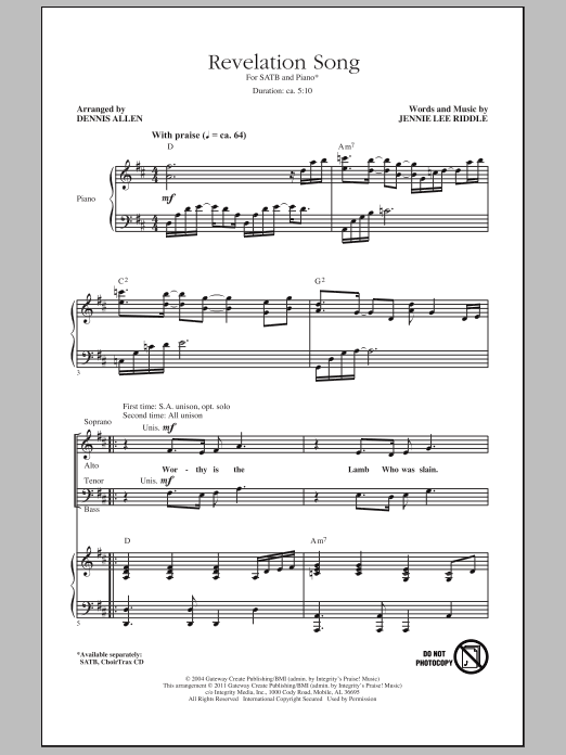 Dennis Allen Revelation Song sheet music notes and chords arranged for SATB Choir