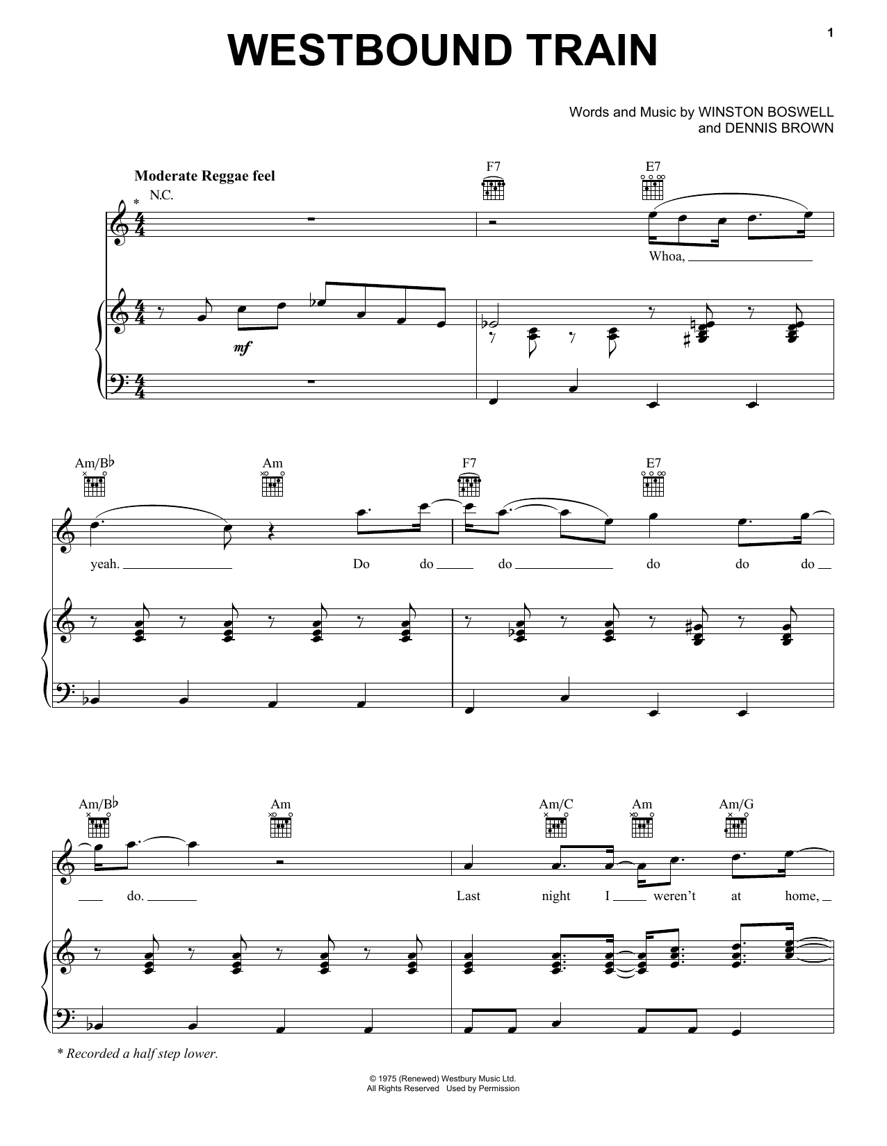 Dennis Brown Westbound Train sheet music notes and chords arranged for Piano, Vocal & Guitar Chords (Right-Hand Melody)