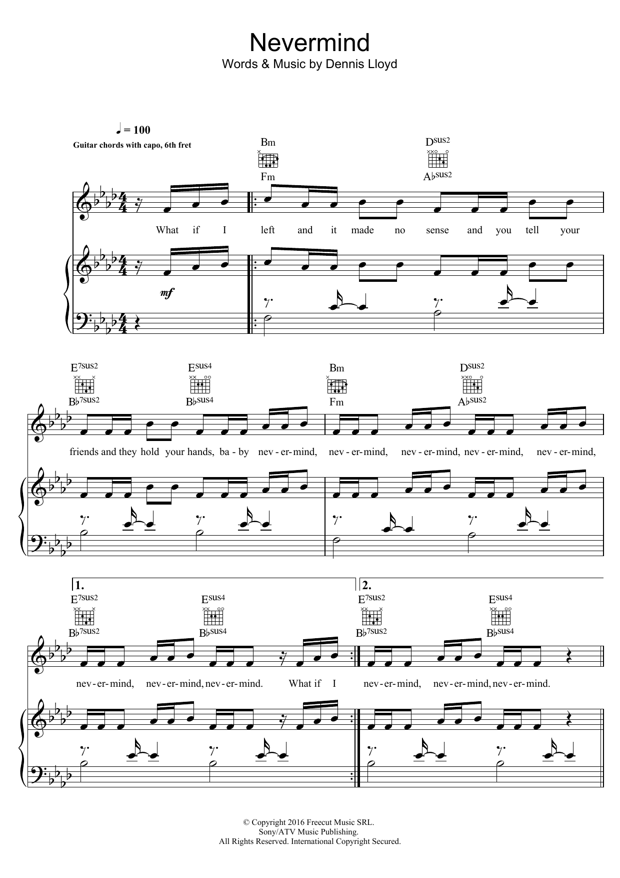 Dennis Lloyd Nevermind sheet music notes and chords arranged for Piano, Vocal & Guitar Chords