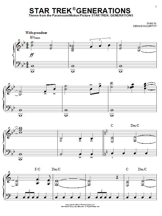 Dennis McCarthy Star Trek Generations sheet music notes and chords arranged for Piano Solo