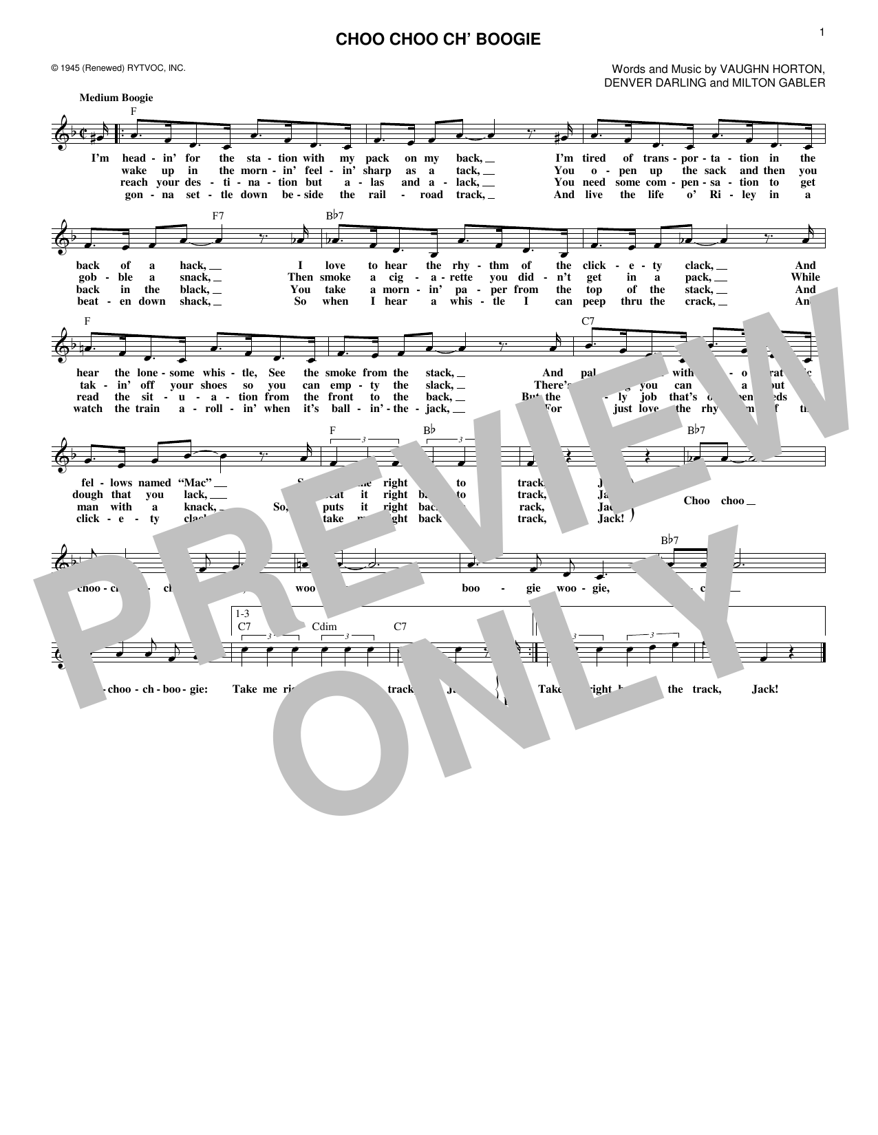 Denver Darling Choo Choo Ch' Boogie sheet music notes and chords arranged for Lead Sheet / Fake Book