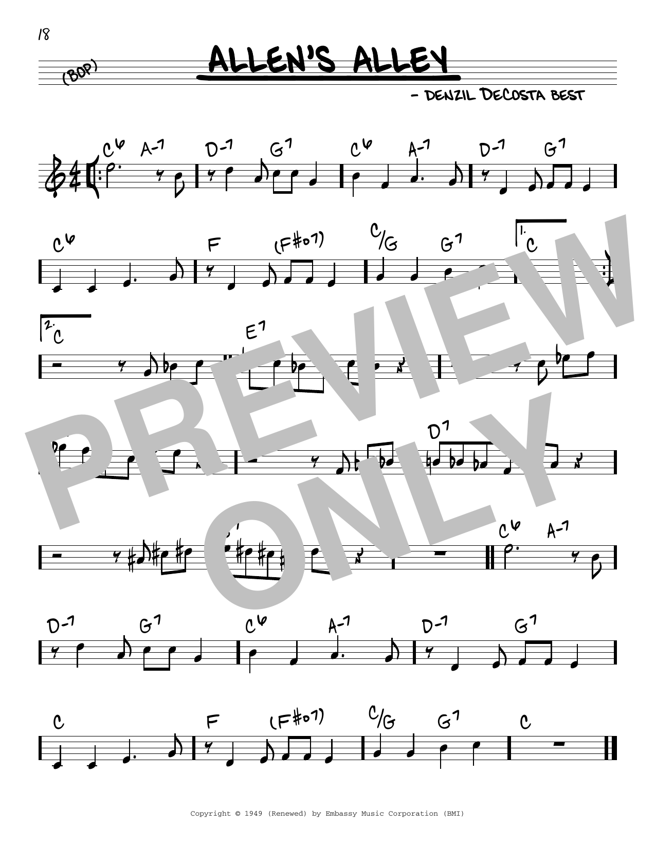 Denzil DeCosta Best Wee (Allen's Alley) sheet music notes and chords arranged for Real Book – Melody & Chords