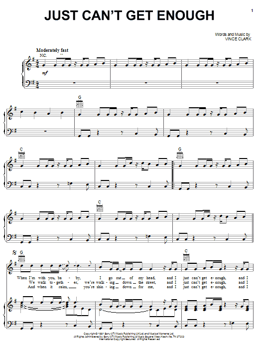 Depeche Mode Just Can't Get Enough sheet music notes and chords arranged for Piano, Vocal & Guitar Chords (Right-Hand Melody)