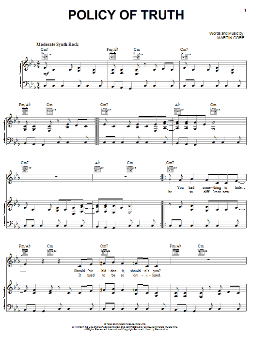 Depeche Mode Policy Of Truth sheet music notes and chords arranged for Piano, Vocal & Guitar Chords (Right-Hand Melody)
