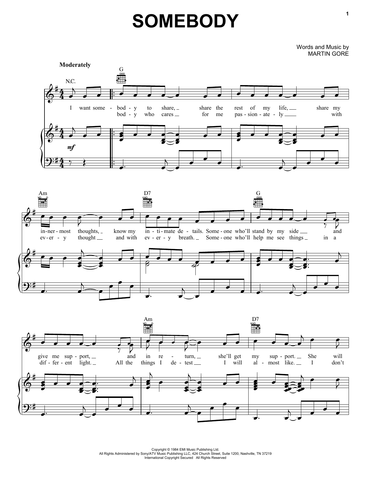 Depeche Mode Somebody sheet music notes and chords arranged for Piano, Vocal & Guitar Chords (Right-Hand Melody)
