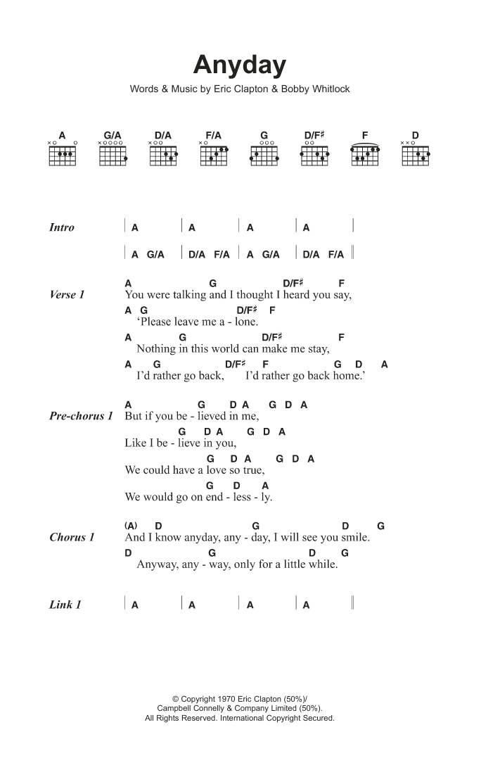 Derek & the Dominos Anyday sheet music notes and chords arranged for Guitar Chords/Lyrics