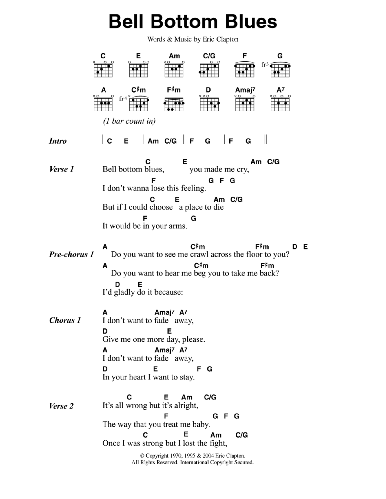 Derek & the Dominos Bell Bottom Blues sheet music notes and chords arranged for Guitar Chords/Lyrics