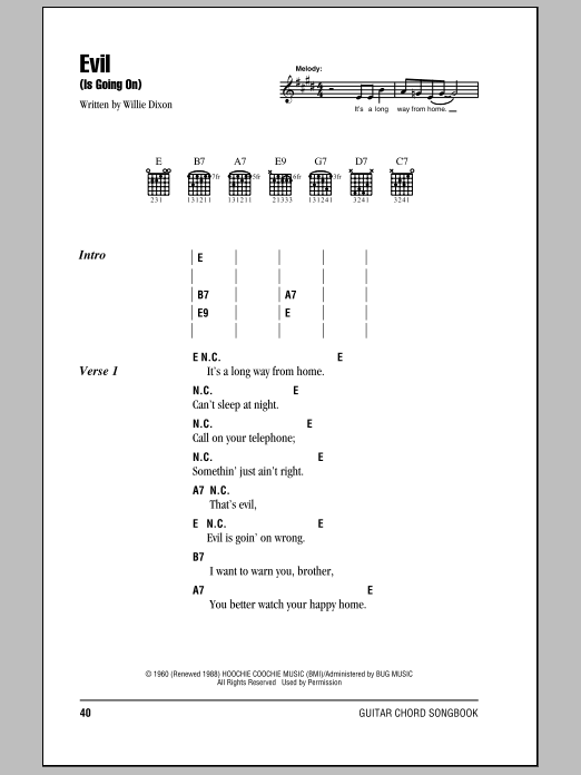 Eric Clapton Evil (Is Going On) sheet music notes and chords arranged for Guitar Chords/Lyrics